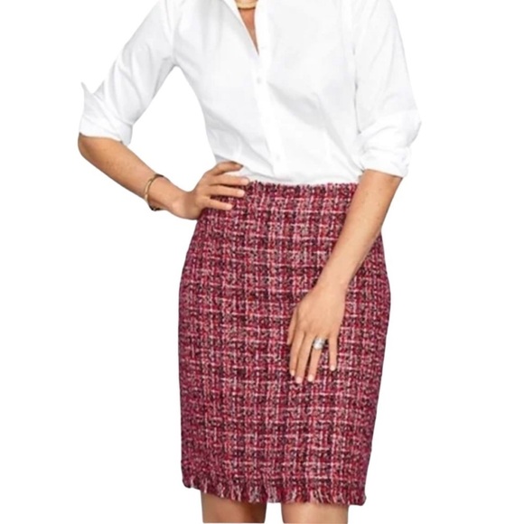TALBOTS Rose Pink Boucle Tweed Fringe Wool Blend Skirt Women's Size 10P - Picture 1 of 11